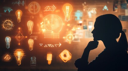 A contemplative silhouette against a backdrop of glowing symbols like light bulbs and arrows, representing innovation and creative thought.