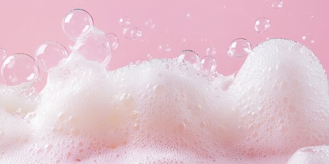 Fototapeta premium Foam bubbles create a playful scene on a pink background. This vibrant image captures the essence of foam bubbles, perfect for showcasing a fun cleaning service or froth party concept.