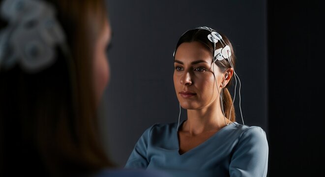 Serious-looking woman undergoing EEG test in clinic