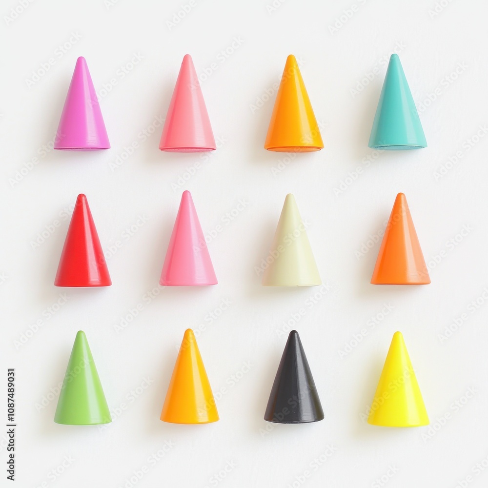 Aufkleber a colorful arrangement of cone-shaped objects in various hues on a white background.