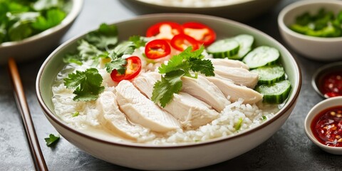 Hainanese chicken rice features rice steamed with flavorful chicken soup, representing a delightful Asian food style that highlights the harmony of rice and chicken in a savory dish.