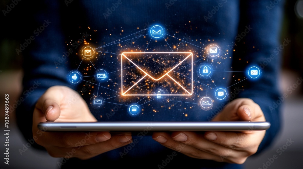 Poster digital email network action on tablet global connectivity informative content modern environment en
