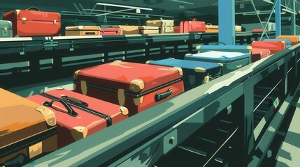 Naklejka premium The airport conveyor belt system moves luggage efficiently. Luggage on a conveyor belt at airport