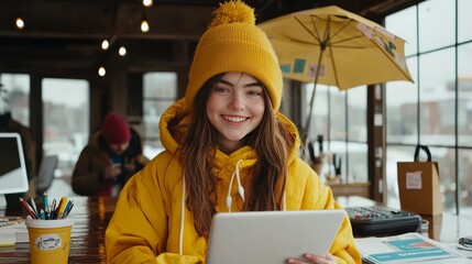 Young Woman Smiling While Using Tablet in Cozy Cafe Urban Setting Lifestyle Content Warm Environment Engaging Perspective