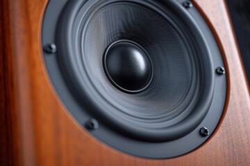 Close up of a powerful audio speaker with wooden finish