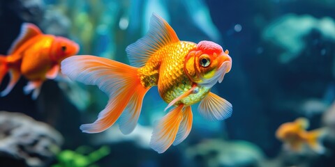 Fototapeta premium Freshwater_aquarium_fish_including_the_goldfish_make_vibrant_additions_to_any_aquarium_The_goldfish_scientifically_known_as_carassius_auratus_is_a_popular_choice_for_freshwater_aquarium_fish_enth
