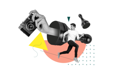 Composite photo creative collage concept of frightened person look back run from vintage camera in big hand isolated on drawing background