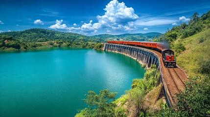 Fototapeta premium A vibrant Thai train entering a tunnel carved into a rocky mountain.