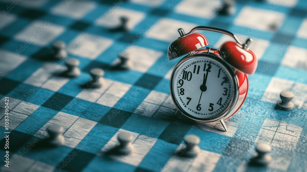 Aufkleber a red alarm clock sits in the center of a checkerboard with black checkers scattered around it.