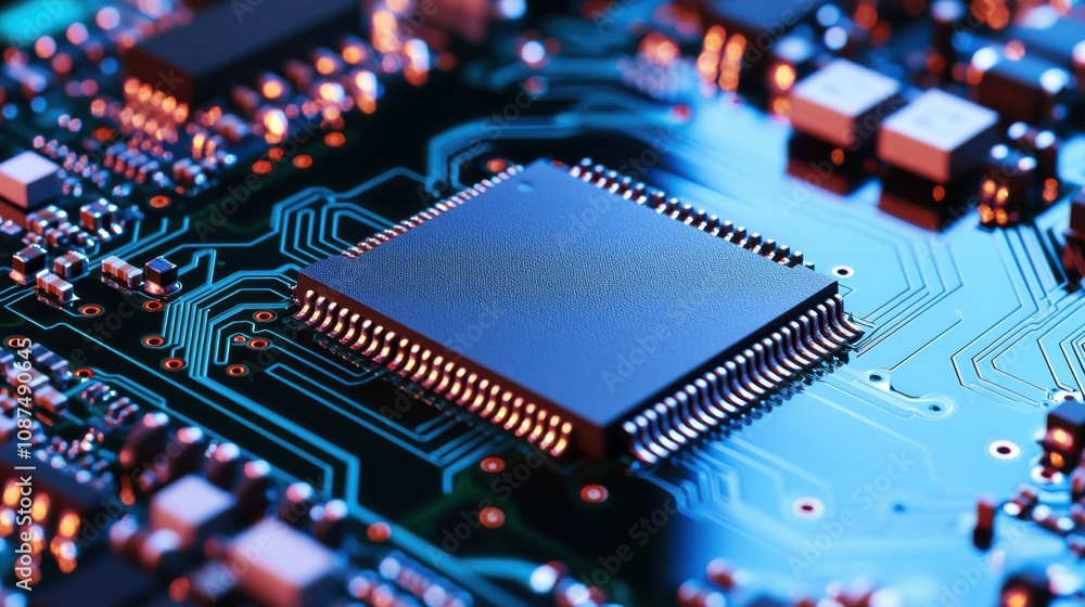 Aufkleber support technical close-up of a microchip on a circuit board with vibrant blue lighting.