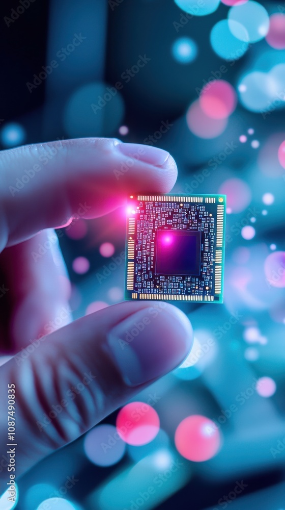 Aufkleber support technical hand holding a microchip with glowing lights in the background.