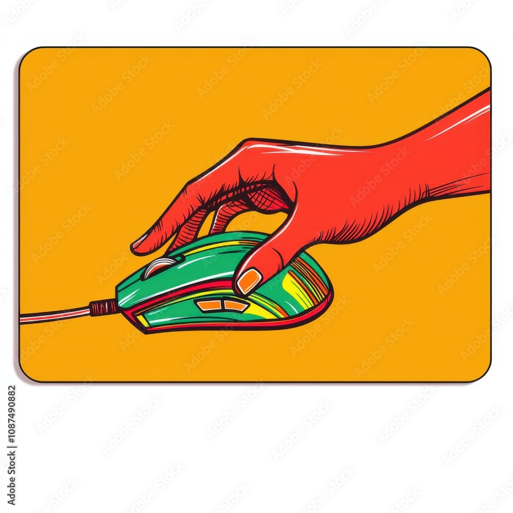 Poster support technical a hand holding a colorful computer mouse on a bright background.