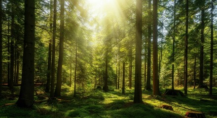 Fototapeta premium Serene sunlight filtering green trees