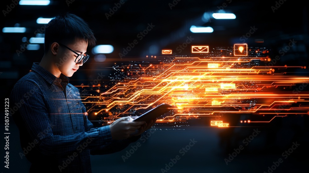 Poster young man engaged with tablet digital network interaction urban setting futuristic environment side 