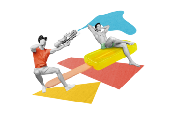 Creative photo collage relaxed male sun bathing sun rays lying ice cream second dude watering him watergun vacation concept