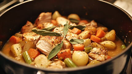A rich autumn stew made with turkey, carrots, celery, and potatoes, slow-cooked in a savory broth with bay leaves and sage for extra flavor.