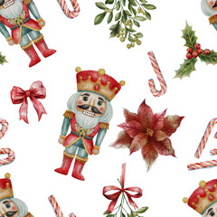 A seamless watercolor pattern featuring Nutcrackers, poinsettias, and lollipops in a whimsical style on a white background. Perfect for stock use in gift wrapping, textiles, wallpapers