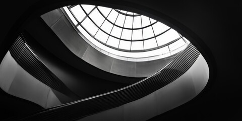 Black and white image focusing on roof windows illuminating the unique design of a double helix staircase, showcasing the intriguing architectural elements of the staircase and its roof windows.