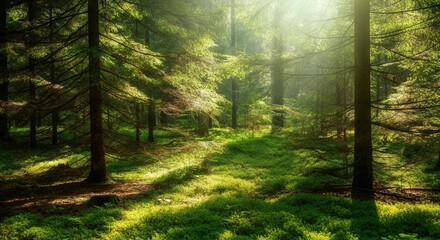 Obraz premium Enchanting sunlight filtering trees