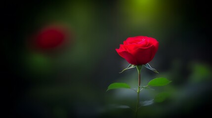 A Single Red Rose Blooms In Green Nature