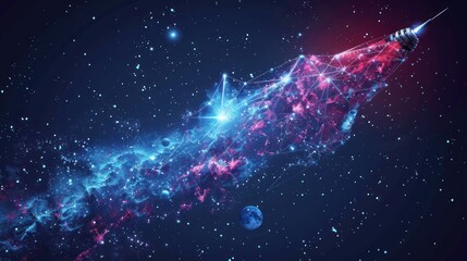 Fototapeta premium A glowing, abstract rocket made of lines of light travels through a deep space nebula, with stars, planets, and galaxies behind it.
