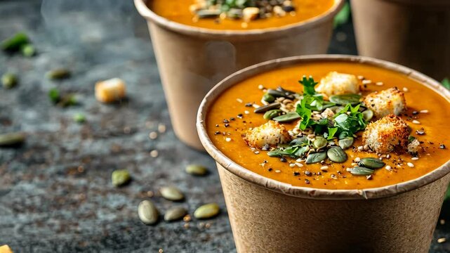 Thick vegan pumpkin cream soup with seeds and croutons in disposable cups of craft paper. Soup to go. Healthy food delivery. Space for text 4K Video