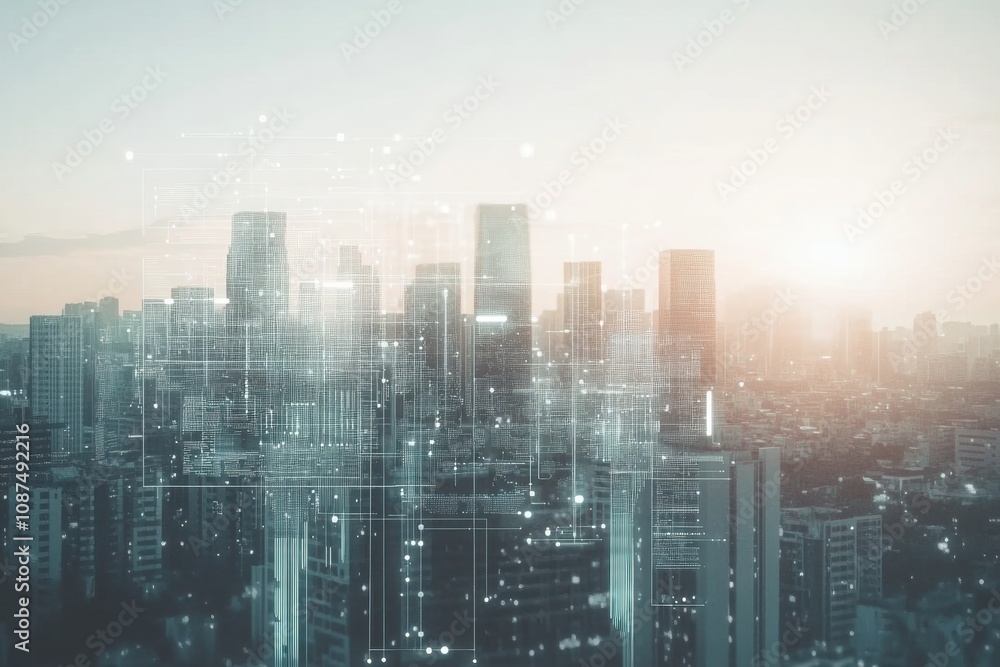Leinwandbilder the skyline showcases modern buildings integrated with an ai network, illuminated by the warm glow o