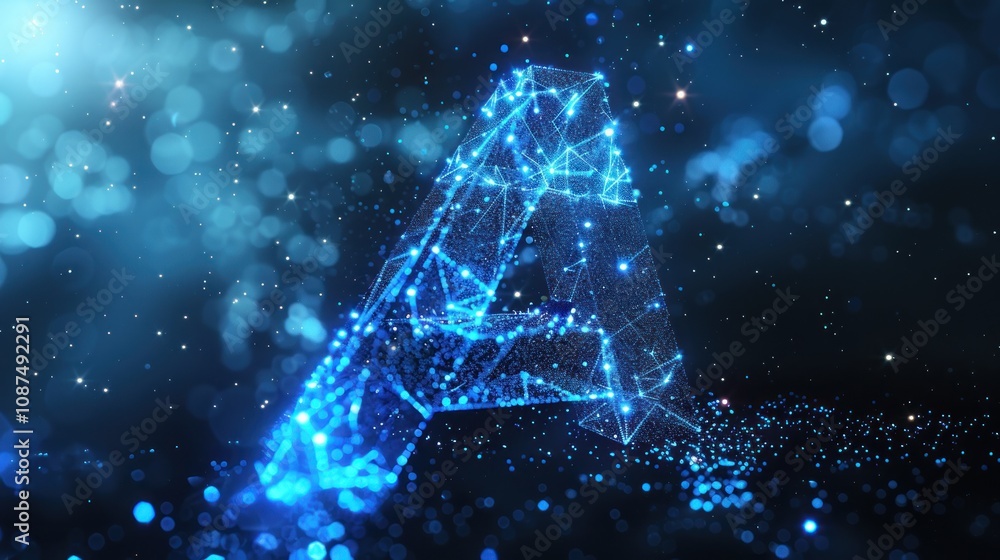 Aufkleber a glowing blue letter a rendered with connected lines and dots on a dark blue background with bokeh 