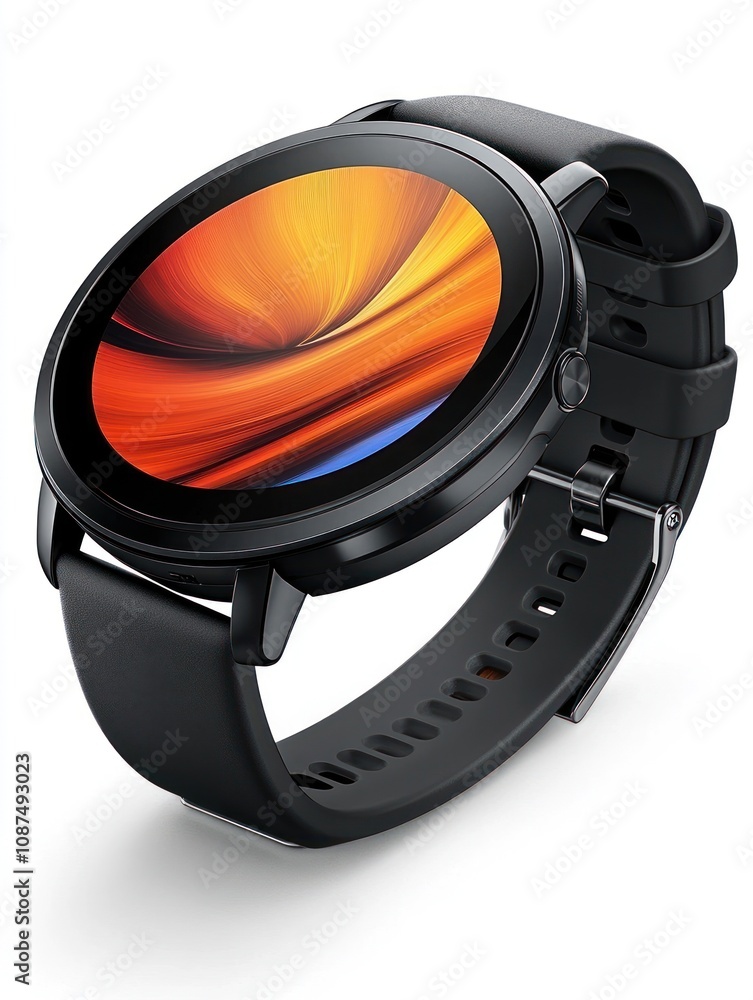 Poster a sleek black smartwatch displaying a vibrant abstract design on its round screen.