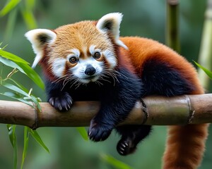 Obraz premium Adorable red panda resting on a bamboo branch.