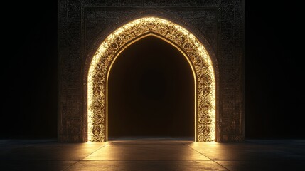 A glowing, ornate archway set against a dark background, evoking mystery and elegance.