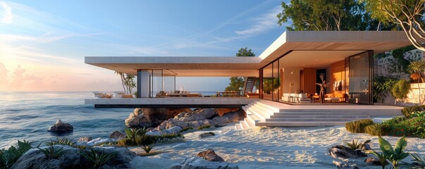 Fototapeta premium Modern Luxury Beachfront House with Panoramic Ocean Views and Contemporary Design