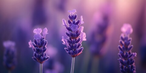 Obraz premium Close up of lavender flowers, showcasing the beauty and detail of lavender blooms. This summer nature background emphasizes the vibrant colors and textures of lavender flowers.