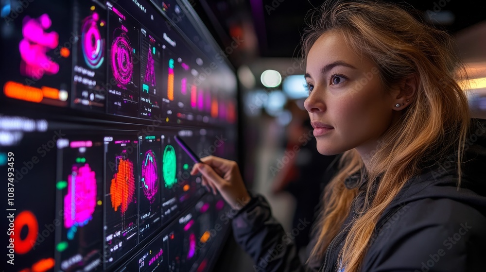 Poster an engineer analyzes data on a large interactive console during a technology conference