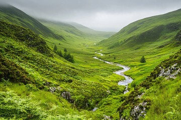 Naklejka premium Serene Green Valley with Meandering River and Misty Hills
