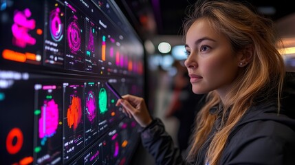 An engineer analyzes data on a large interactive console during a technology conference