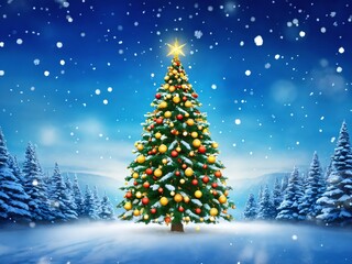 Obraz premium A beautifully decorated Christmas tree standing in a snowy landscape with falling snowflakes and a starry sky during a winter evening