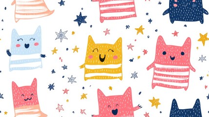 Colorful Monster Doodles Seamless Pattern - Cute and Playful Cartoon Creatures with Stars - Perfect for Kids' Designs and Fun Projects