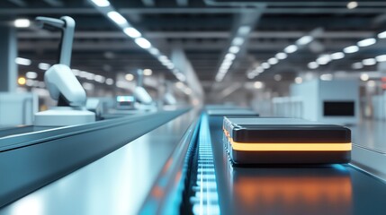 Fototapeta premium The airport conveyor belt system moves luggage efficiently. Automated package handling system