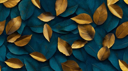 Golden leaves on a teal background. Luxurious autumnal backdrop.