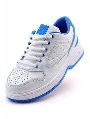A stylish white sneaker with blue accents, designed for casual wear and athletic activities.