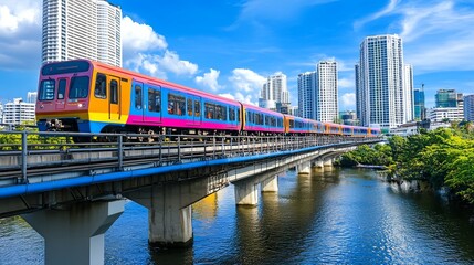 A vibrant Thai train entering a tunnel carved into a rocky mountain.