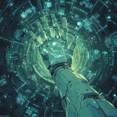 Futuristic Circuit Board with Code  hand robotic and Fractal Pattern, Arm Robot