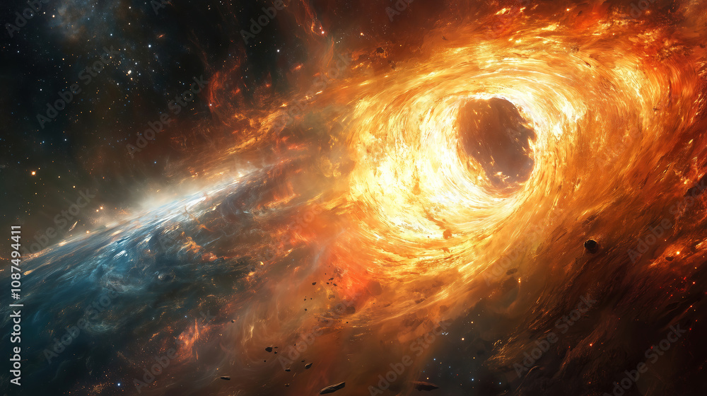Poster Exploring the vibrant colors and dynamic shapes of a cosmic explosion in deep space showcasing a swirling glowing vortex. Generative AI