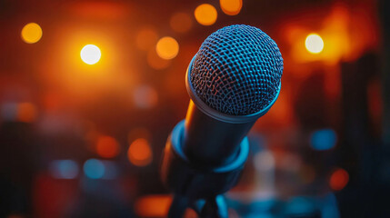 A close-up of a microphone against a warm, glowing background, symbolizing communication, music, and live performances