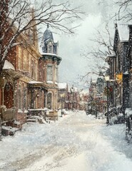 Vintage Winter Street Design l Old Paper Texture Street in Snowy Day l Cold White Snow Xmas Atmosphere l Calm Beautiful Village