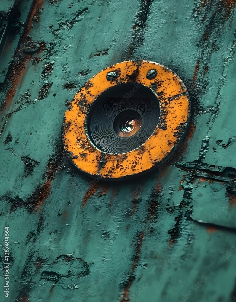Poster close-up of a weathered green surface with a rusty orange circular object.