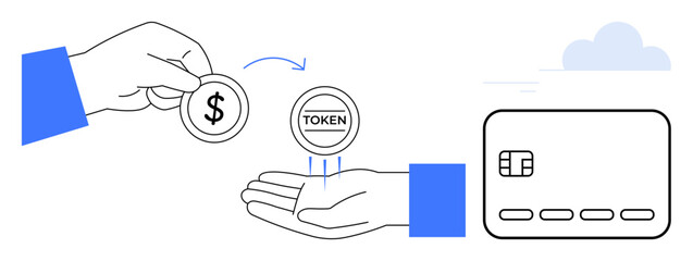 Exchanging coin for token symbolizing digital transactions between hands. Card represents financial transaction. Ideal for finance, tech, banking, e-commerce, fintech, cybersecurity, digital
