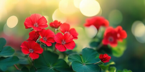 Vibrant red flowers accompanied by lush green leaves create a striking contrast against a softly blurred background, showcasing the beauty of nature s red flowers in a serene setting.