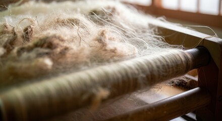 Traditional wool carding process showcased in warm light